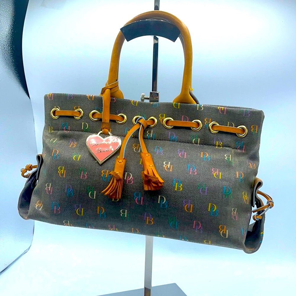 Dooney & Bourke Multicolor Logo Brown Satchel with Tan Handles